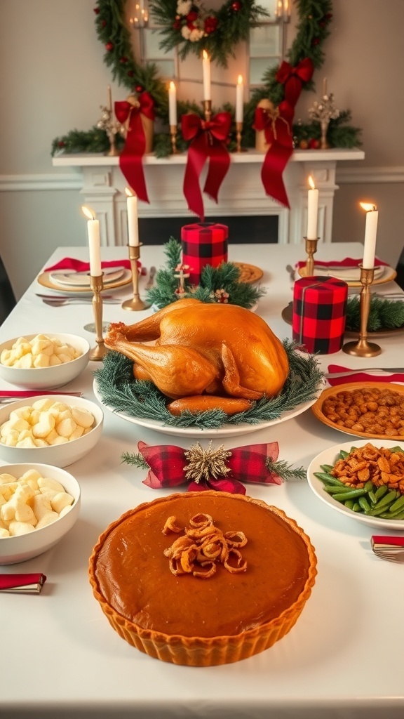 A festive Christmas dinner table with roasted turkey, mashed potatoes, green beans, and pumpkin pie.